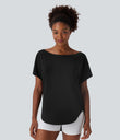 One Shoulder Short Sleeve Curved Hem High Low Quick Dry Yoga Sports Top - Black
