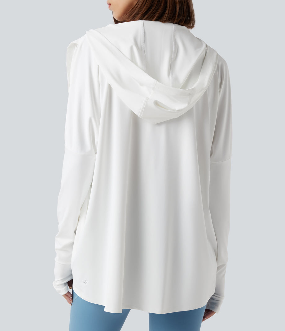 Hooded Cowl Neck Long Sleeve Thumb Hole Yoga Sports Top with Pockets - White