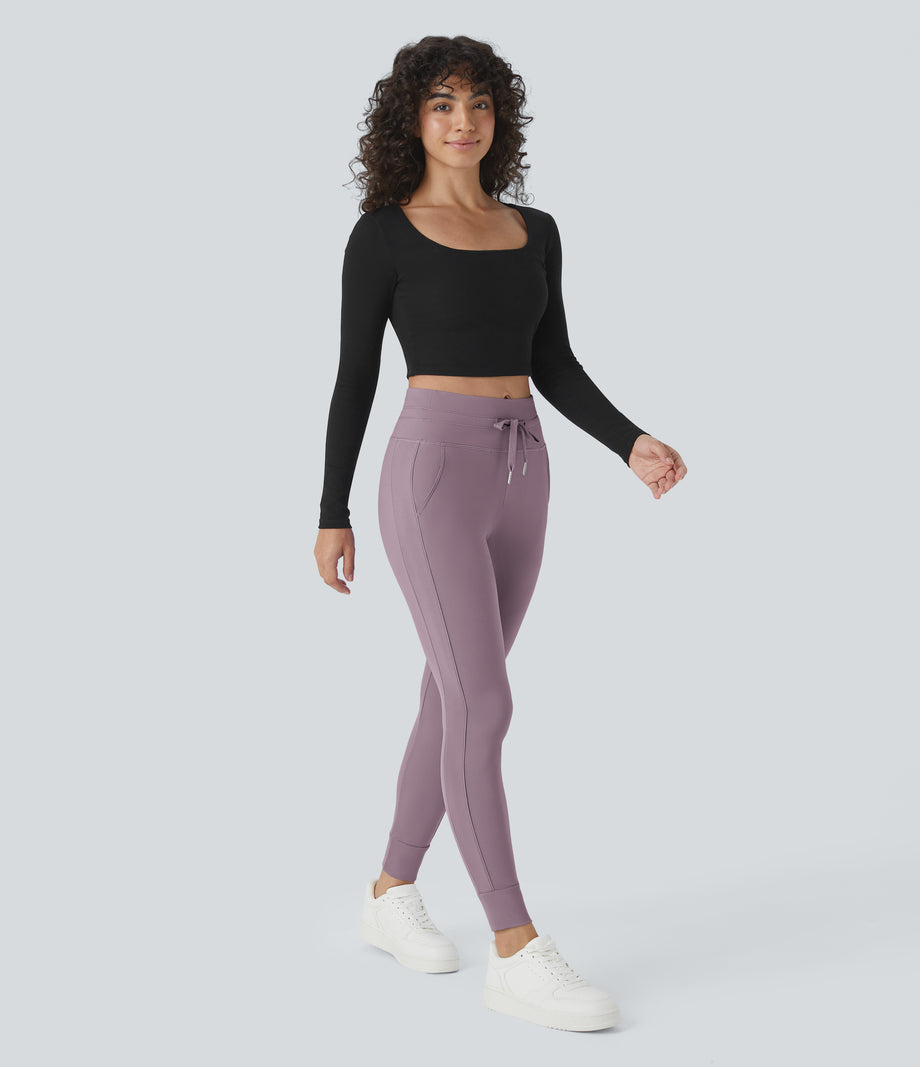 SoftlyZero™ Plush High Waisted Drawstring Pocket Plain Full Length Joggers - Mauve