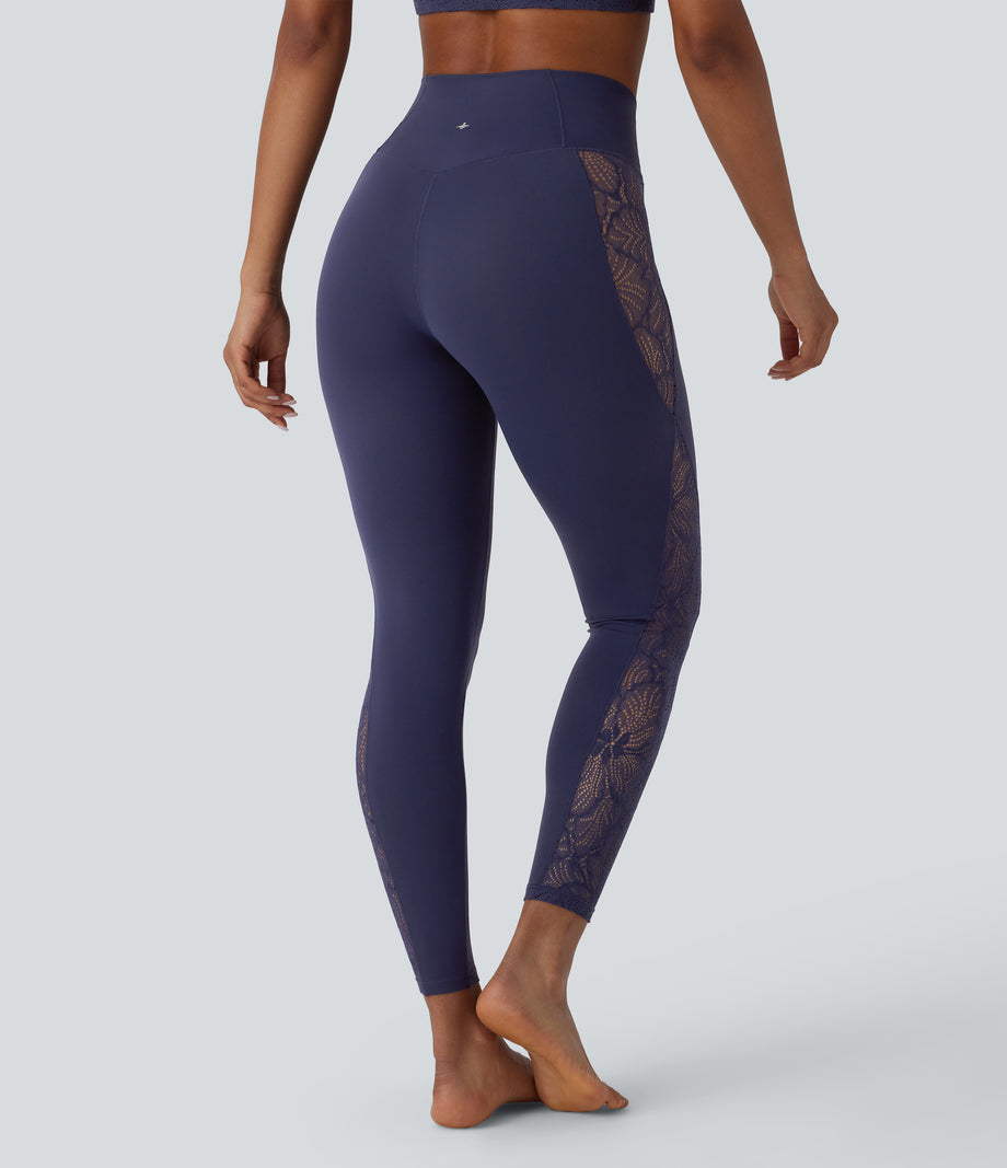 SoftlyZero™ High Waisted Crossover Contrast Lace Pocket Yoga Leggings-UPF50+ - Peacoat
