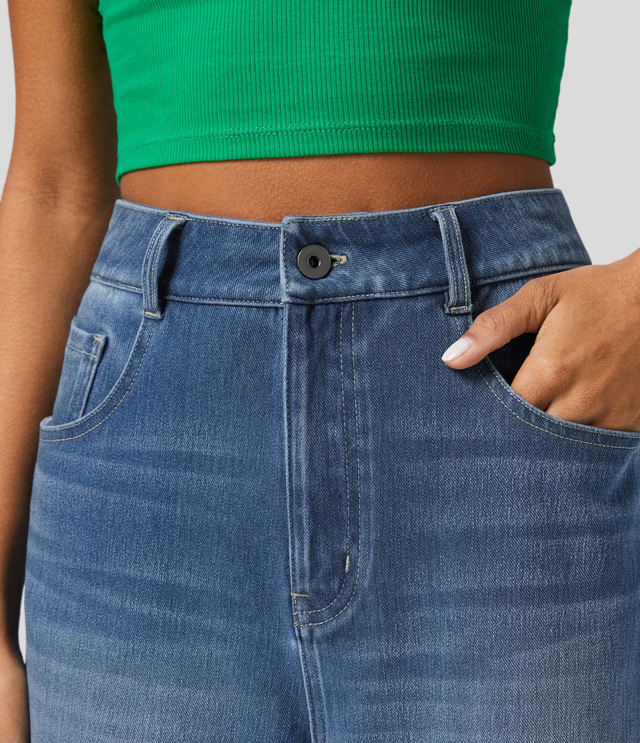 Halara Flex™ High Waisted Pockets Rolled Hem Wide Leg Washed Casual Jeans - Blue Spruce Denim