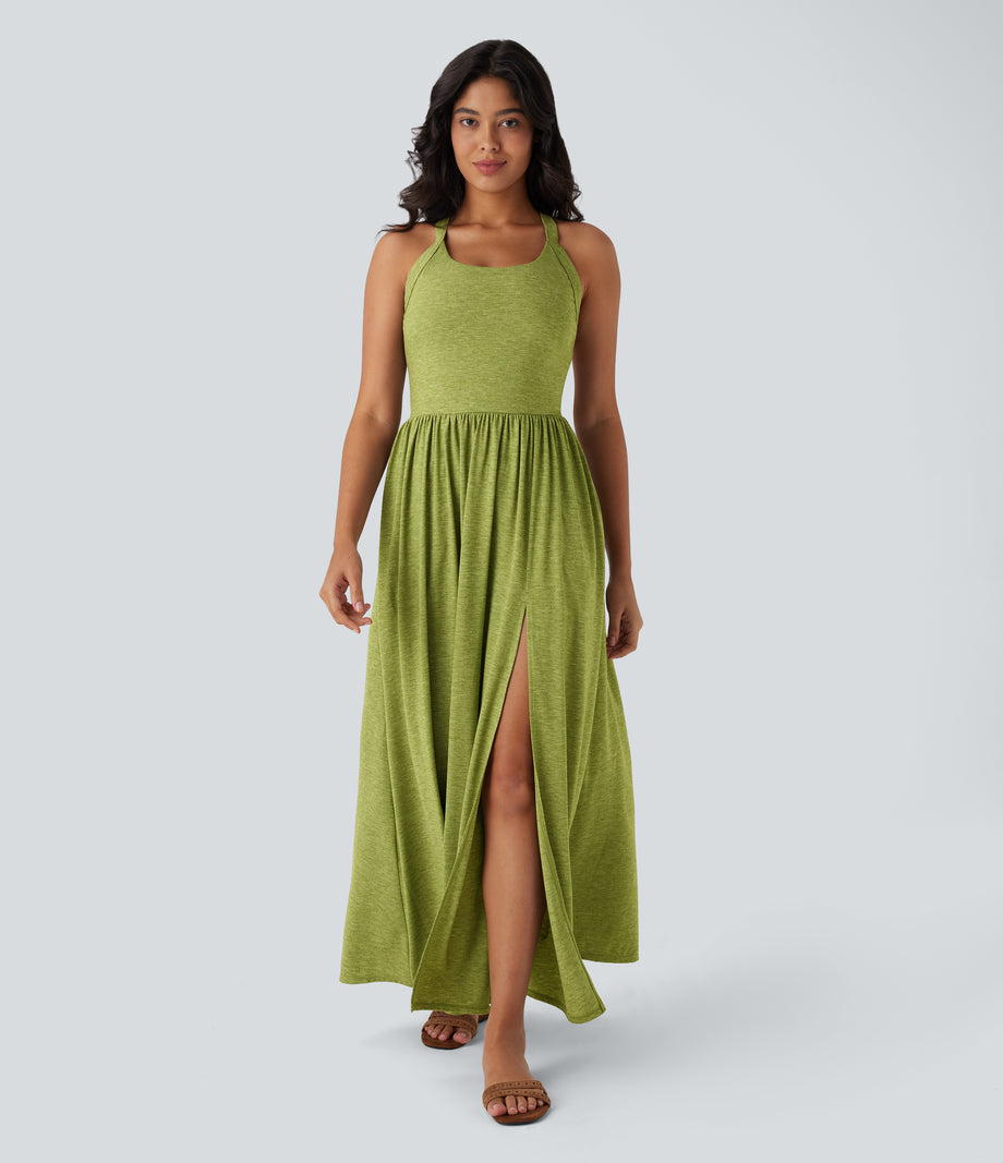 Twisted Backless Split Flowy Maxi Resort Dress with Pockets - Soft Meadow Green