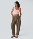 Mid Rise Pocket Barrel Leg Baggy Work Pants - Shitake