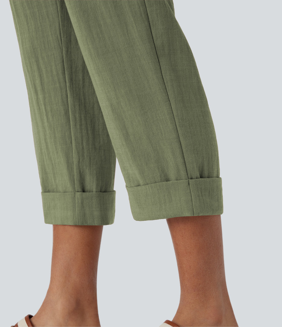 High Waisted Zipper Pocket Cropped Linen-Feel Pants - Catkin Green
