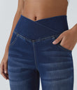 Halara Flex™ High Waisted Crossover Pocket Washed Casual Flare Jeans - Bright Blue Denim