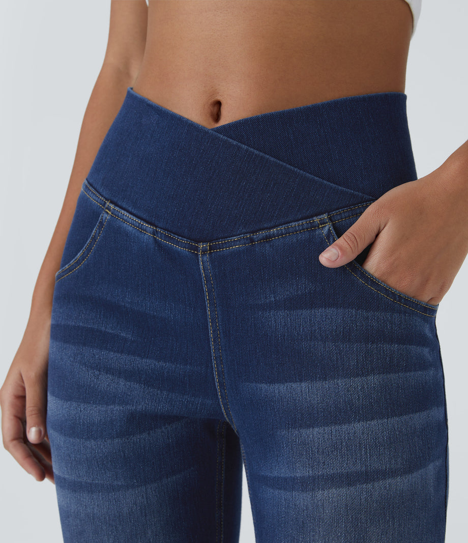 Halara Flex™ High Waisted Crossover Pocket Washed Casual Flare Jeans - Bright Blue Denim