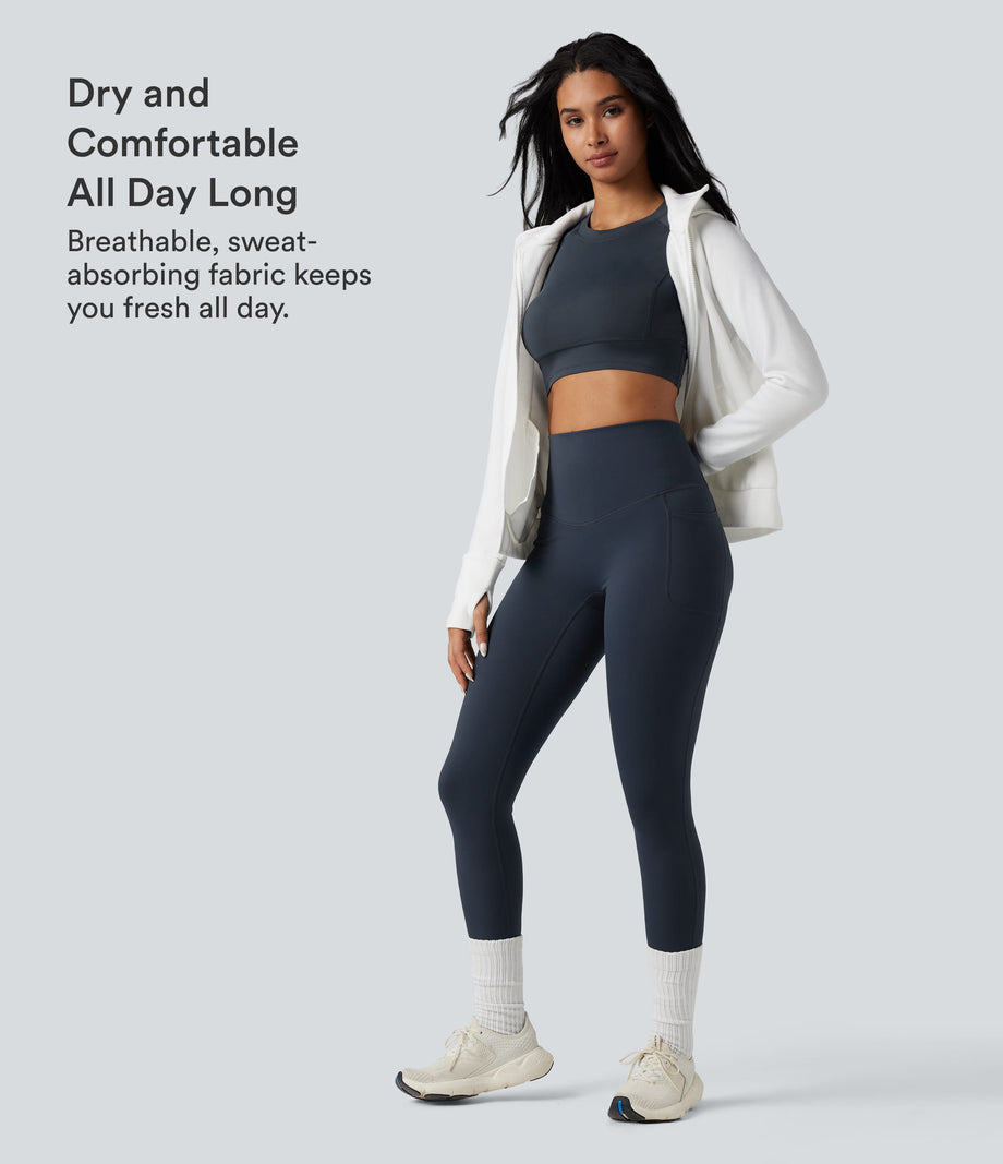 Halara Ultrasculpt™ Heat High Waisted Tummy Control Crossover Back Fleece Running Leggings with Pockets - Blueberry