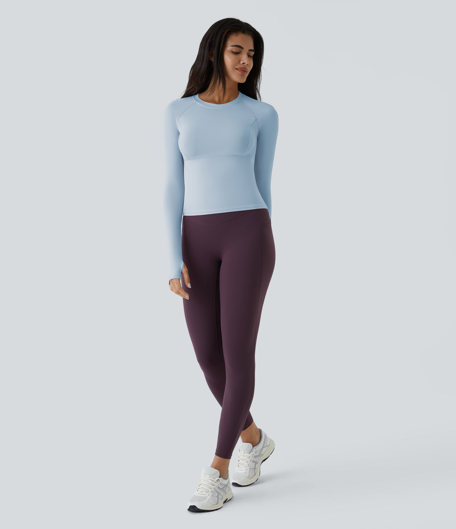 Solid Thumb Hole Yoga Sports Top - Cool Ice Blue