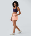 High Waisted Elastic Waistband Drawstring Pleated Yoga Shorts 3" with Pockets - Peach Parfait