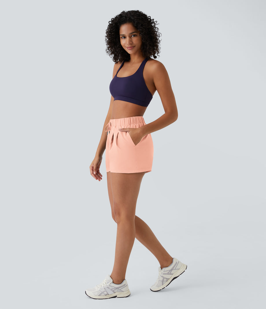 High Waisted Elastic Waistband Drawstring Pleated Yoga Shorts 3" with Pockets - Peach Parfait