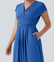 Breezeful™ V Neck Short Sleeve Pocket Tie Back Quick Dry Midi Casual Dress - Nebulas Blue