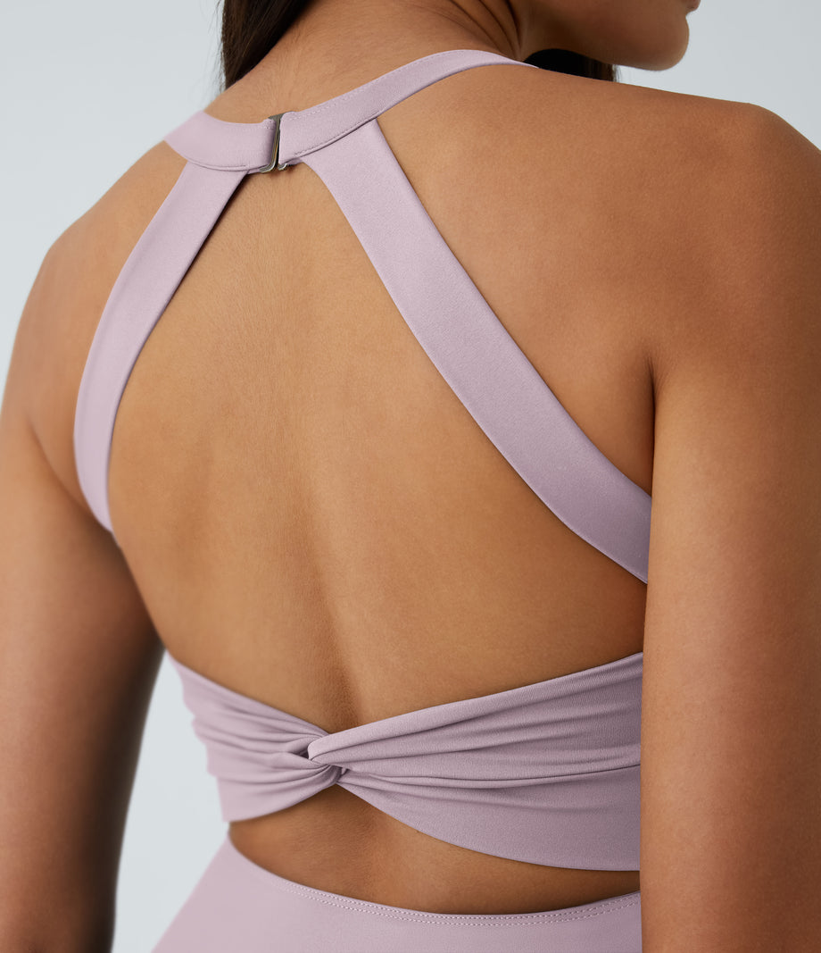 SoftlyZero™ Airy Backless Twisted Flare Low Support Dance Active Dress-Longer Length-Easy Peezy Edition A-D Cups - Pink Purple