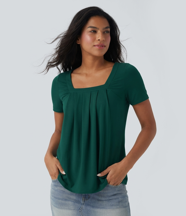 Square Neck Short Sleeve Casual Top - Rain Forest