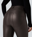 High Waisted Stretchy PU Fleece Casual Leggings with Pockets - Java