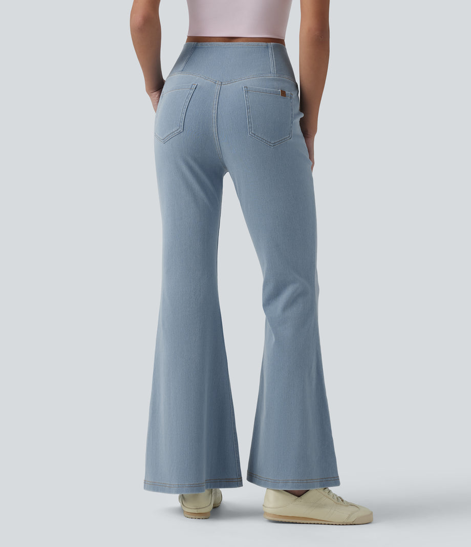 Halara Flex™ High Waisted Crossover Pocket Washed Casual Jeans - Powder Blue Denim