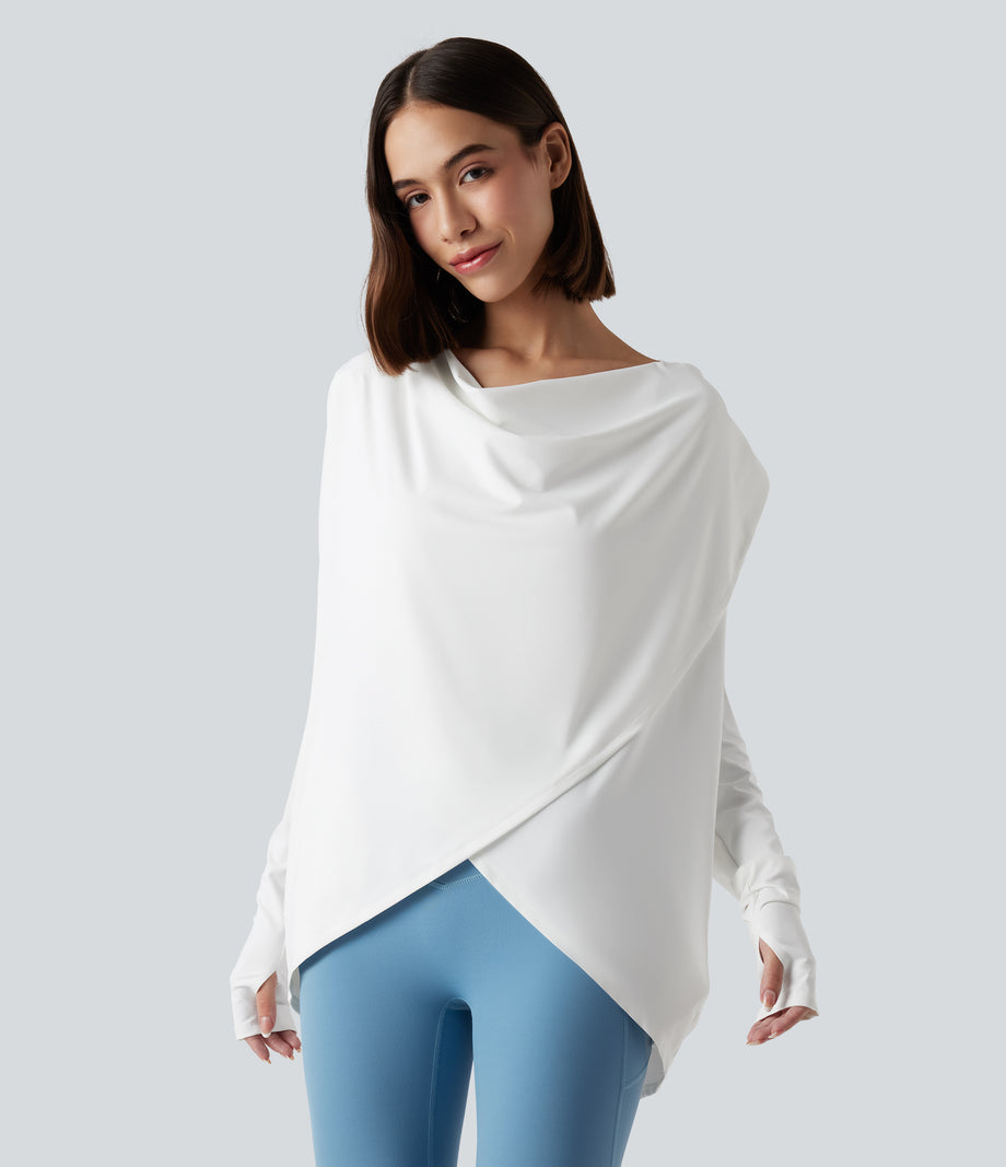 Hooded Cowl Neck Long Sleeve Thumb Hole Yoga Sports Top with Pockets - White