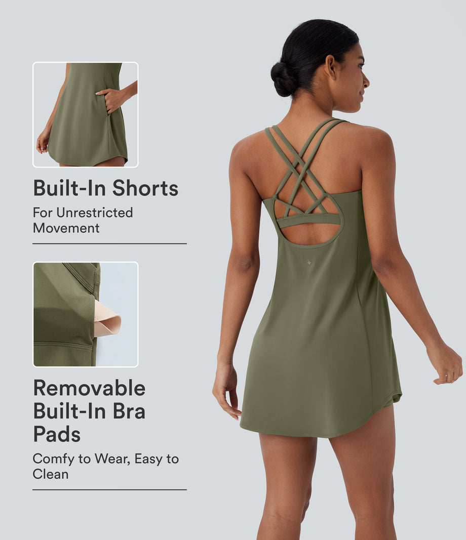 SoftlyZero™ Plush Cut Out Pocket 2-Piece Mini Yoga Active Dress - Grass Grey Green