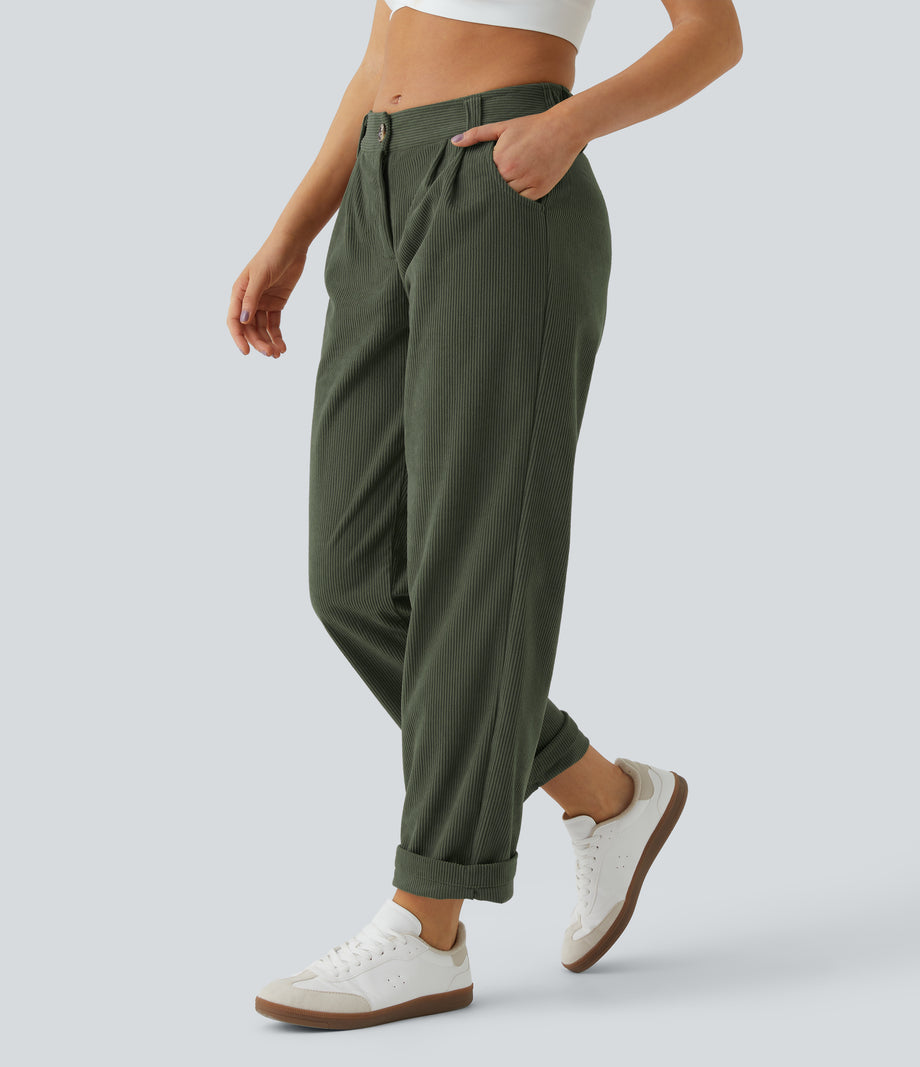 Mid Rise Zipper Pocket Corduroy Casual Pants - Rifle Green