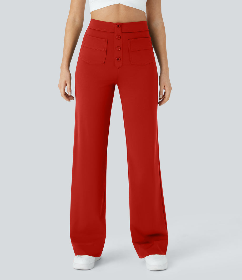DayStretch High Waisted Pockets Straight Leg Casual Pants - Valiant Poppy