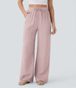 High Waisted Drawstring Pocket Wide Leg Baggy Casual Linen-Feel Pants - Mauveglow