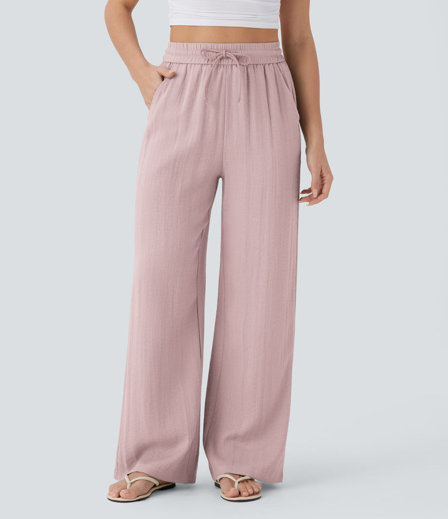 High Waisted Drawstring Pocket Wide Leg Baggy Casual Linen-Feel Pants - Mauveglow