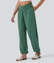 Crossover High Waisted Pocket Drawstring Casual Joggers - Emerald Floral Yarn