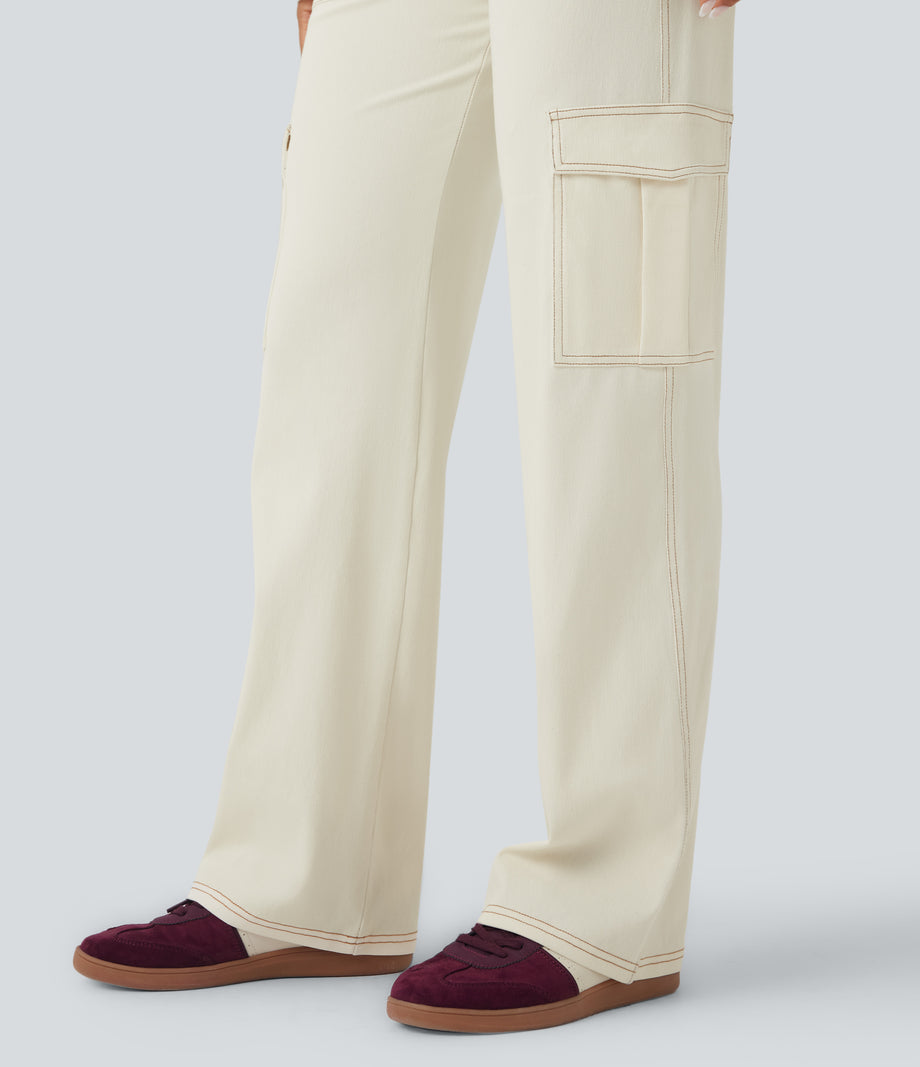 Halara Flex™ Mid Rise Pockets Straight Leg Casual Cargo Jeans - Ivory Denim