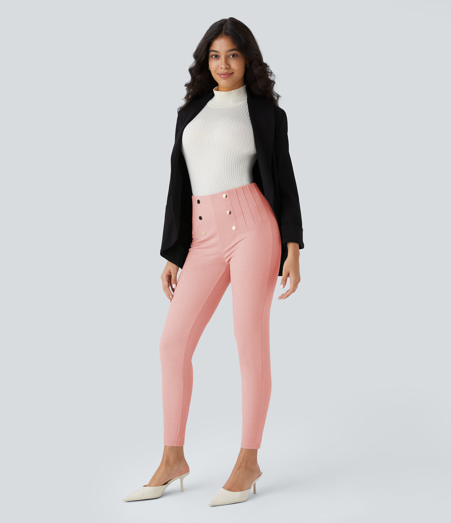 High Waisted Tummy Control Decorative Back Zipper Pockets Herringbone Work Leggings - Coral Cloud