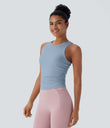 Round Neck Racerback Ruched Yoga Tank Top - Light Grey Blue