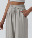 High Waisted Drawstring Wide Leg Casual Linen-Blend Pants with Pockets - Quarry