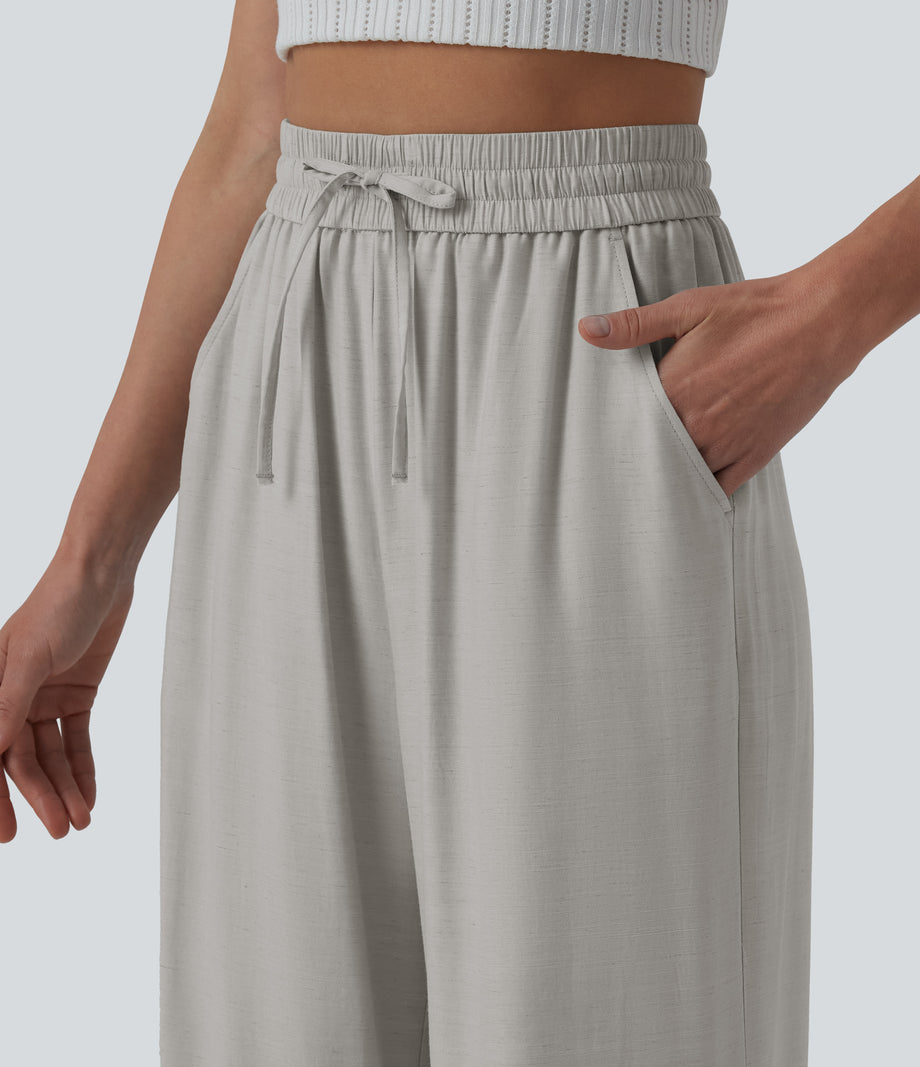 High Waisted Drawstring Wide Leg Casual Linen-Blend Pants with Pockets - Quarry