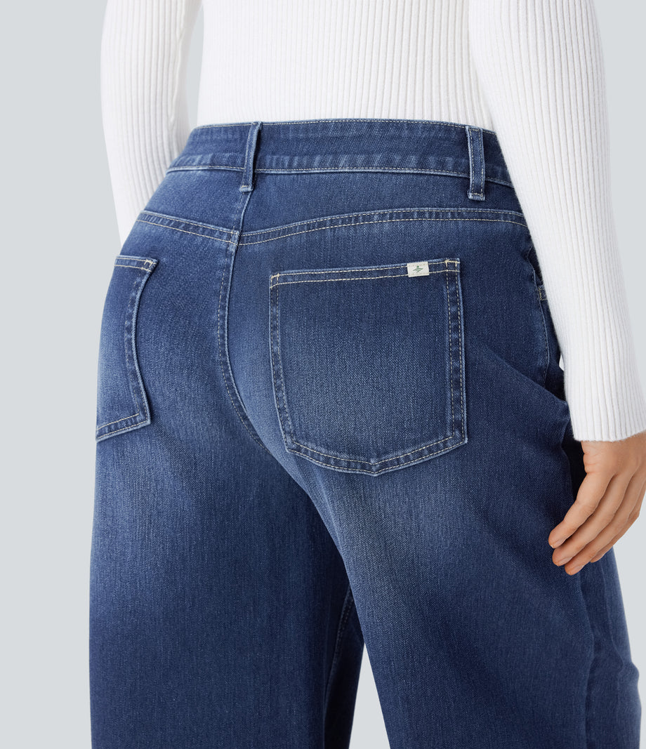 Halara Flex™ Low Rise Zipper Pockets Washed Baggy Wide Leg Casual Jeans - Paint Blue Denim