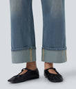 Halara Flex™ High Waisted Pockets Rolled Hem Wide Leg Washed Casual Jeans - Blue Surf Denim