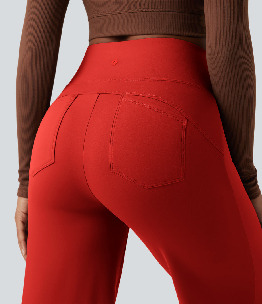 DayStretch High Waisted Tummy Control Wide Leg Baggy Yoga Pants with Pockets - Valiant Poppy