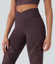 SoftlyZero™ High Waisted Crossover Pocket Contrast Lace Flare Yoga Leggings - Dusky Evening purple