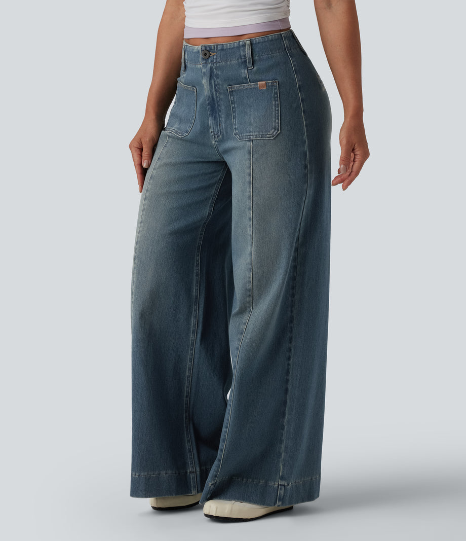 Halara Flex™ High Waisted Pockets Washed Casual Wide Leg Jeans - Blue Surf Denim