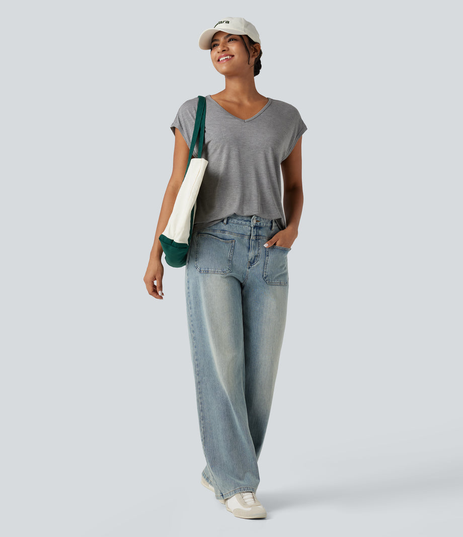 V Neck Short Sleeve Casual T-Shirt - Fog Gray