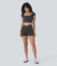 Halara Flex™ High Waisted Crossover Pocket Denim Casual Shorts 3" - Hemp Rope Black Denim