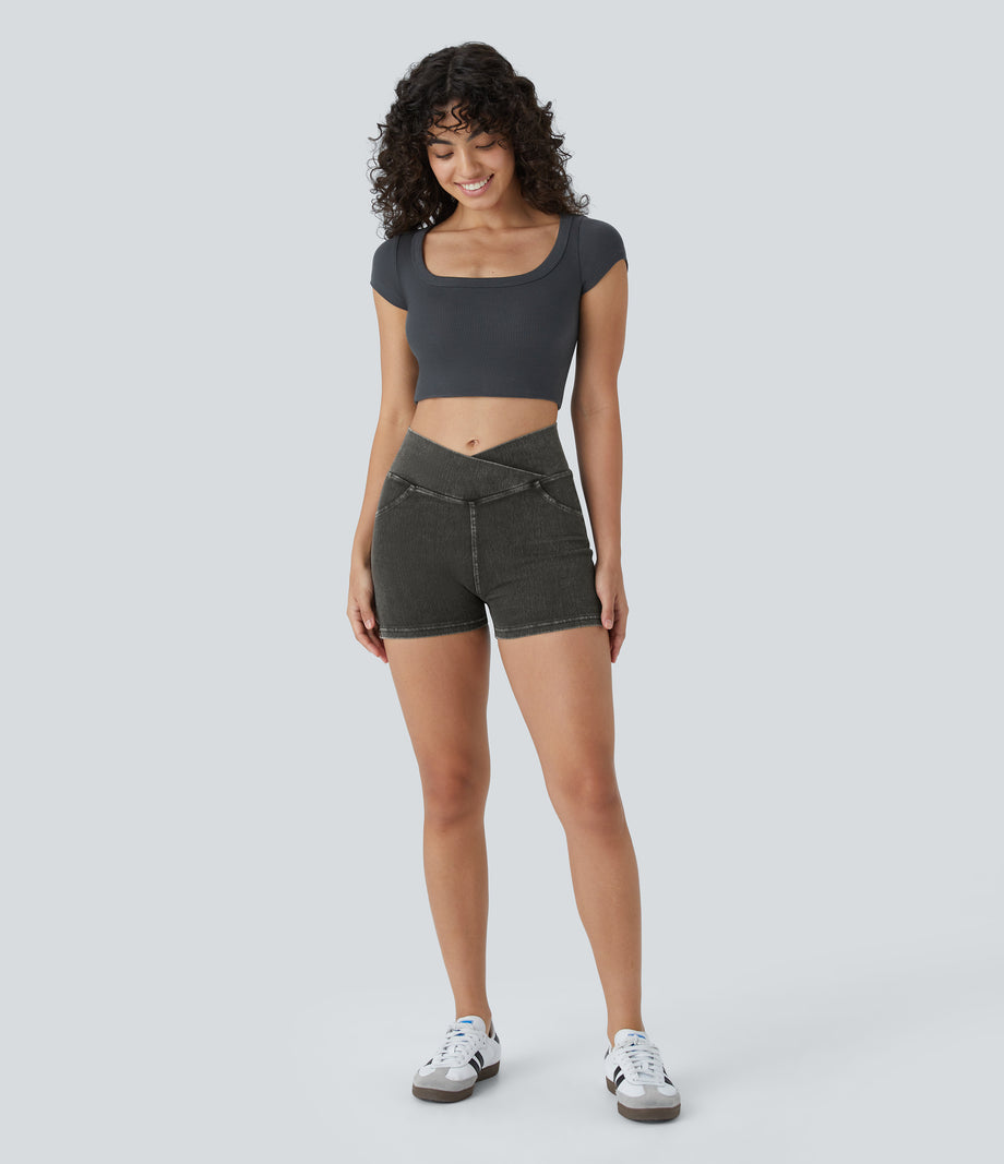 Halara Flex™ High Waisted Crossover Pocket Denim Casual Shorts 3" - Hemp Rope Black Denim