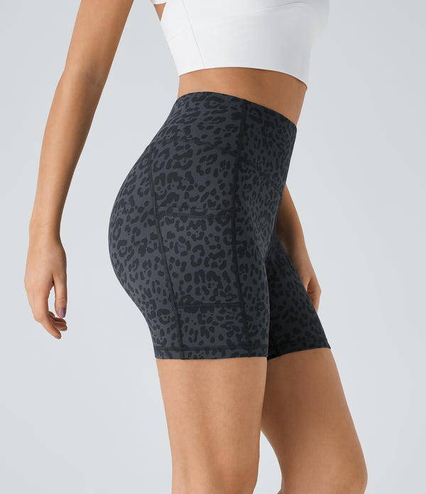 High Waisted Pocket Running Biker Shorts - Grey Blue