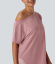 One Shoulder Short Sleeve Curved Hem High Low Quick Dry Yoga Sports Top - Soft Berry