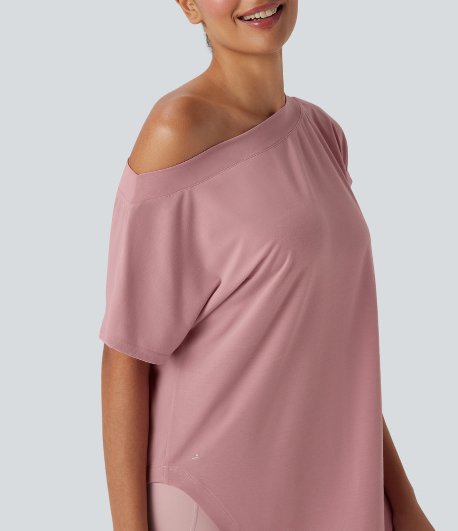 One Shoulder Short Sleeve Curved Hem High Low Quick Dry Yoga Sports Top - Soft Berry