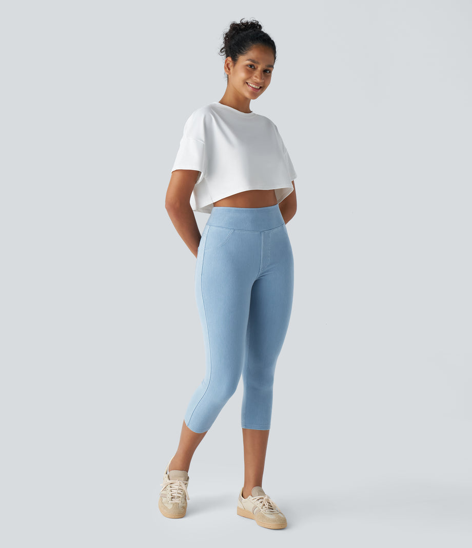 Halara Flex™ High Waisted Pocket Denim Capri Casual Leggings - Washed Denim Sunny Blue