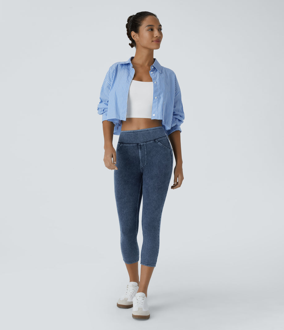 Halara Flex™ High Waisted Pocket Denim Capri Casual Leggings - Washed Denim Bleached Blue