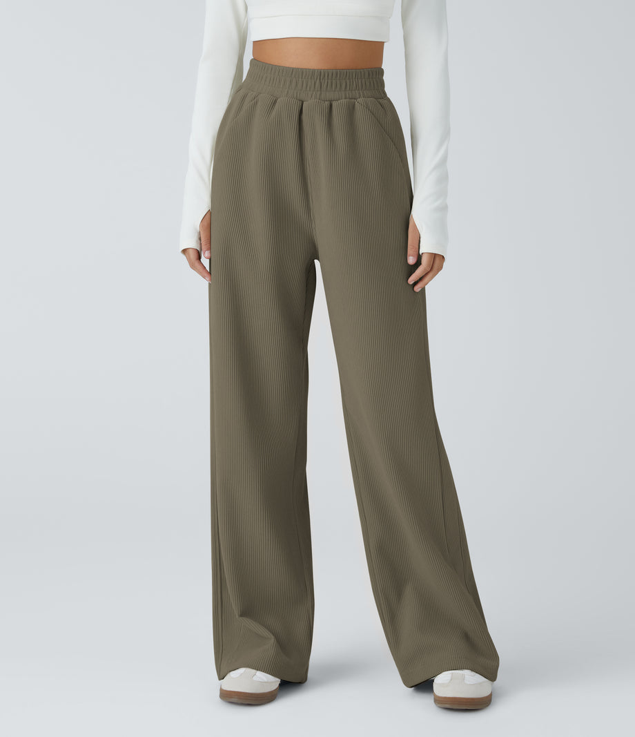 High Waisted Pocket Straight Leg Baggy Mop Corduroy Casual Pants - Sea Turtle