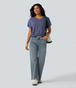 V-neck Short Sleeve Ruched Relaxed Casual Top - Gray Blue