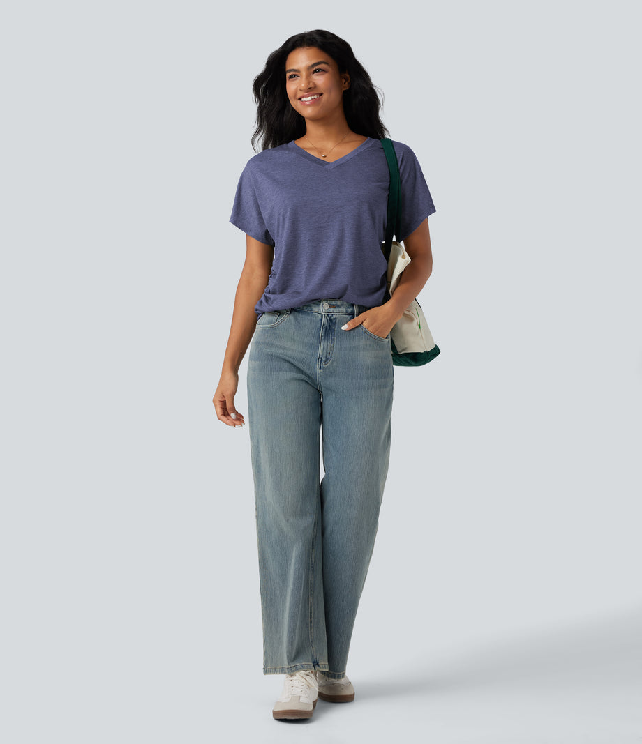V-neck Short Sleeve Ruched Relaxed Casual Top - Gray Blue