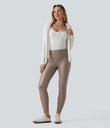 High Waisted Tummy Control Stretchy PU Fleece 7/8 Skinny Casual Leggings with Pockets - Sinopia Fresco