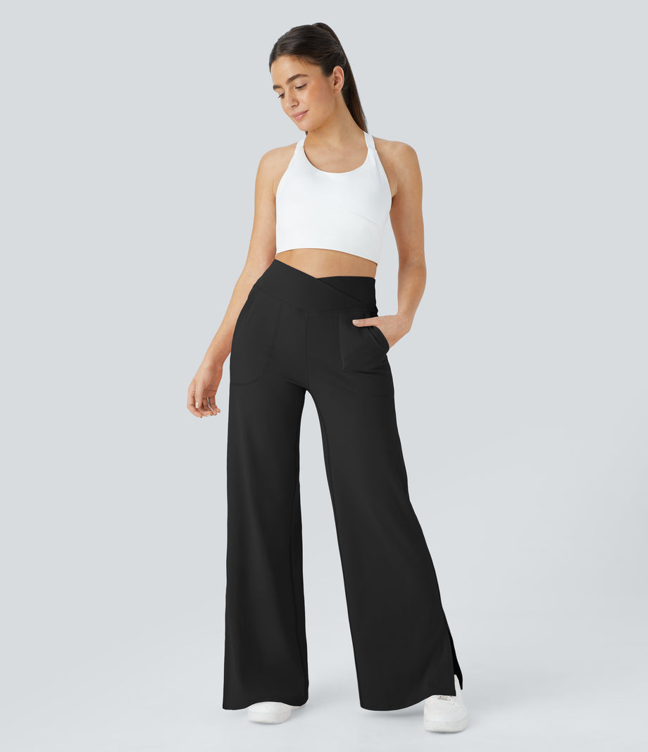 DayStretch Crossover Pocket Hem Wide Leg Yoga Pants-Smile - Black