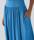 Ribbed Boat Neck Asymmetric Strap Ruched Pocket Flowy Maxi Casual Dress - Clear Sunny Blue